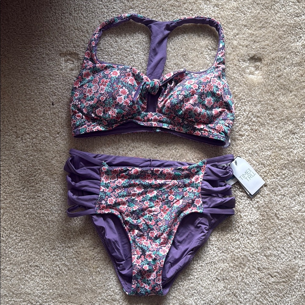 Time and Tru Purple Floral (reversible) Bikini
